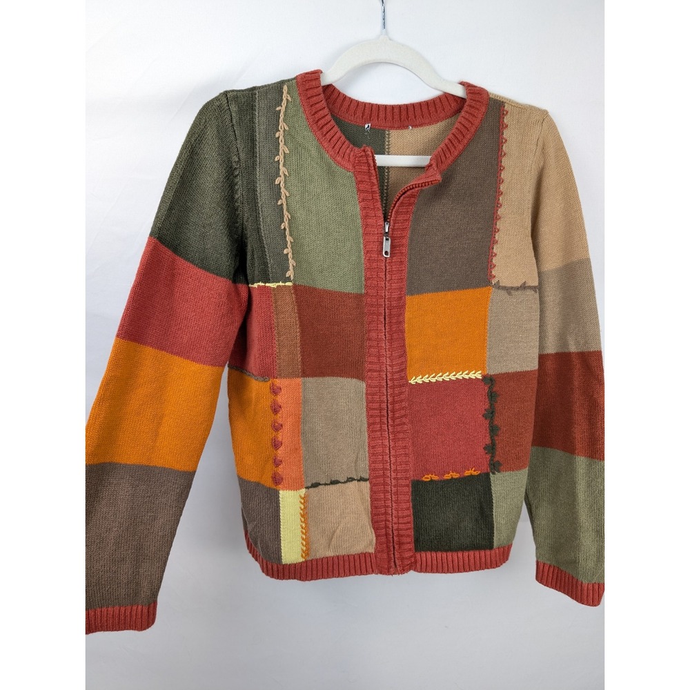 Vintage 90s Patchwork Full Zip Cardigan Size M Fall Retro Granny Cottagecore